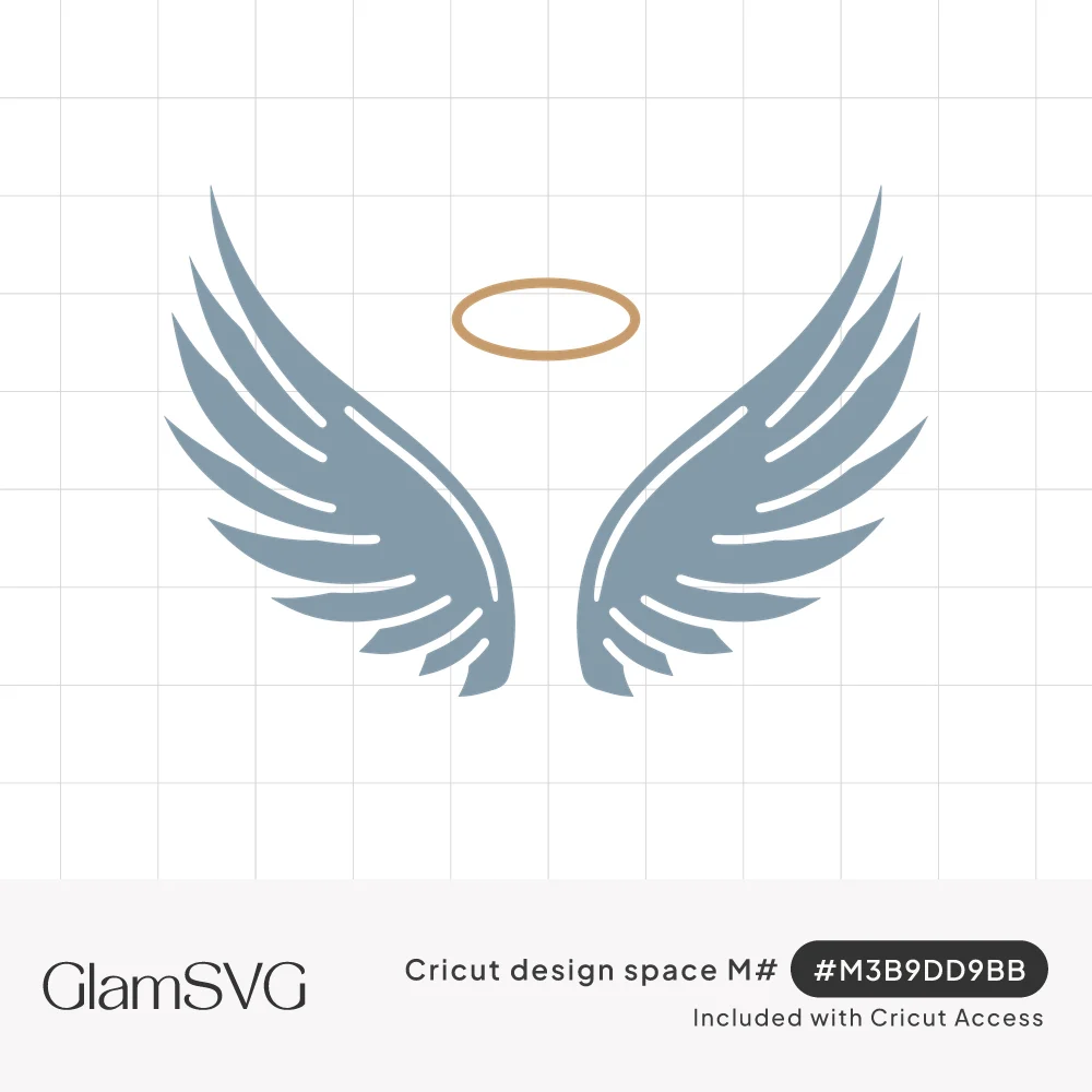 Pair of slate blue feathered angel wings spread open beneath a thin gold halo on a white background