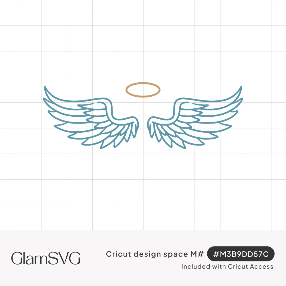 Outlined teal angel wings spread open with a thin gold halo floating above the center