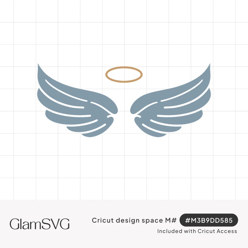 Pair of slate blue feathered angel wings spread open with a thin gold halo floating above them