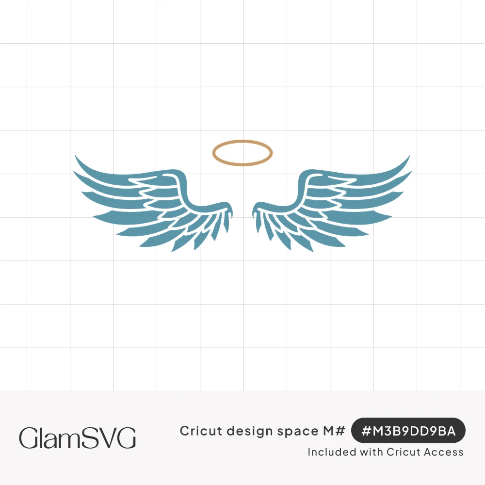 Two teal feathered angel wings spread outward beneath a thin gold halo on a white background