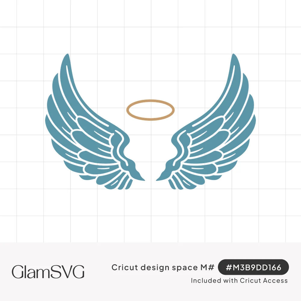 Pair of teal angel wings with detailed feathers spread on either side of a floating gold halo