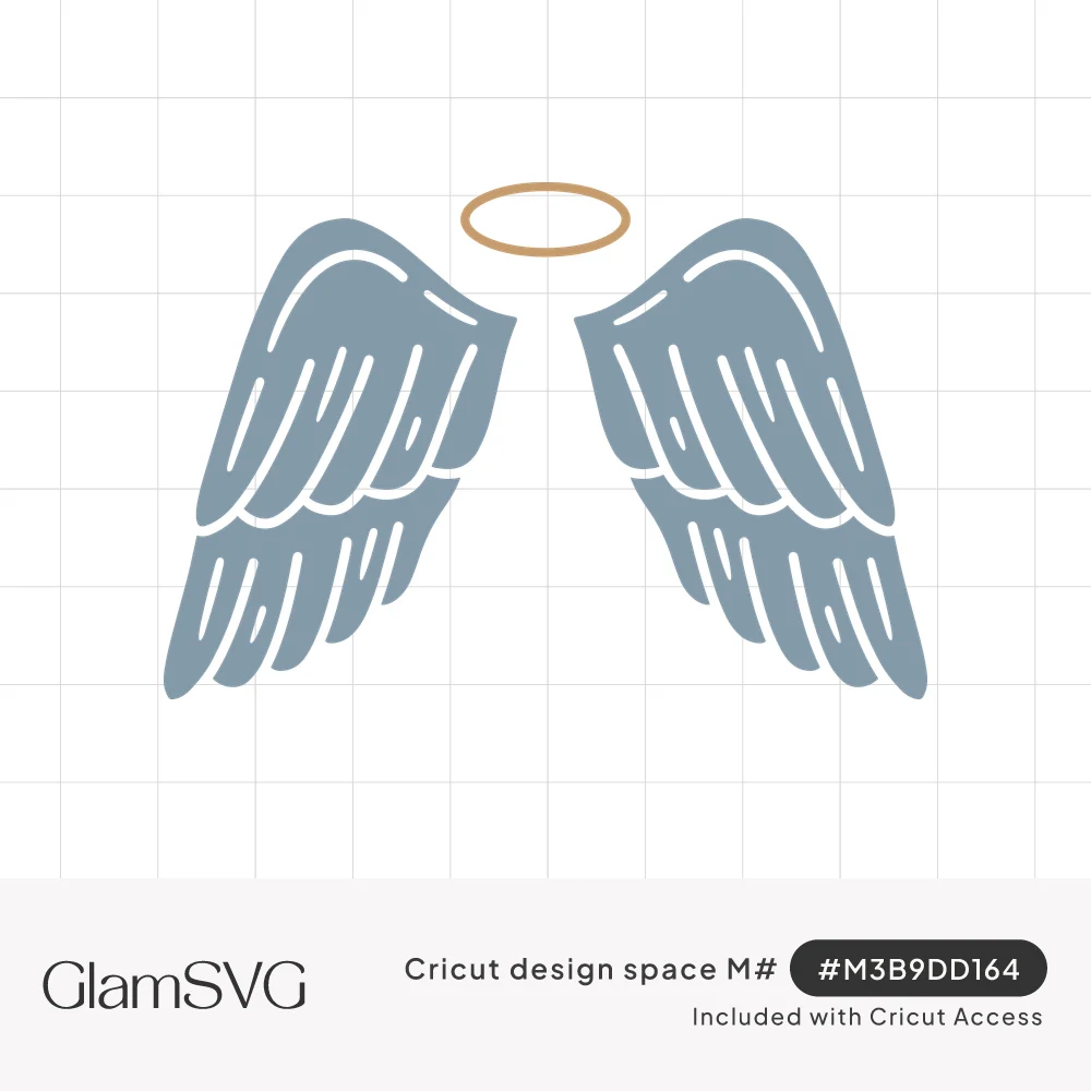 Pair of slate-blue angel wings with white feather line details and a thin gold halo centered above them