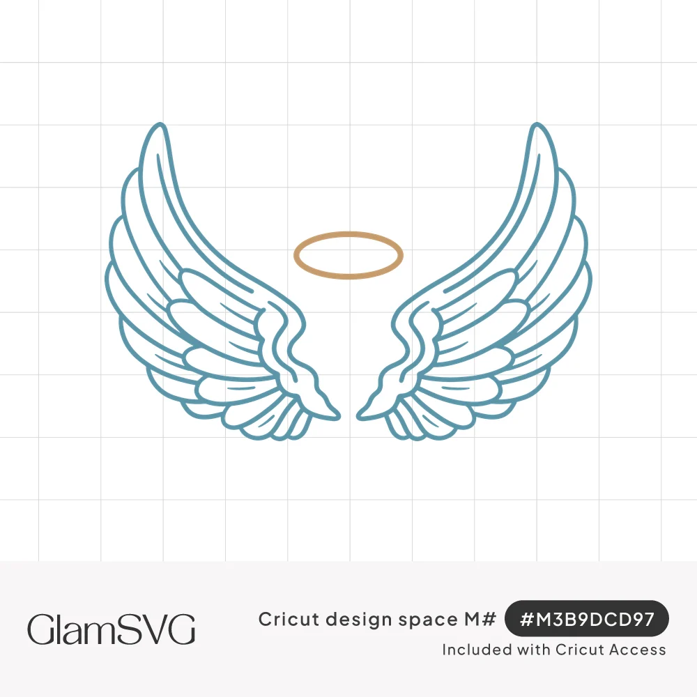 Line art of two spread angel wings in dusty blue outline with a gold halo floating between them