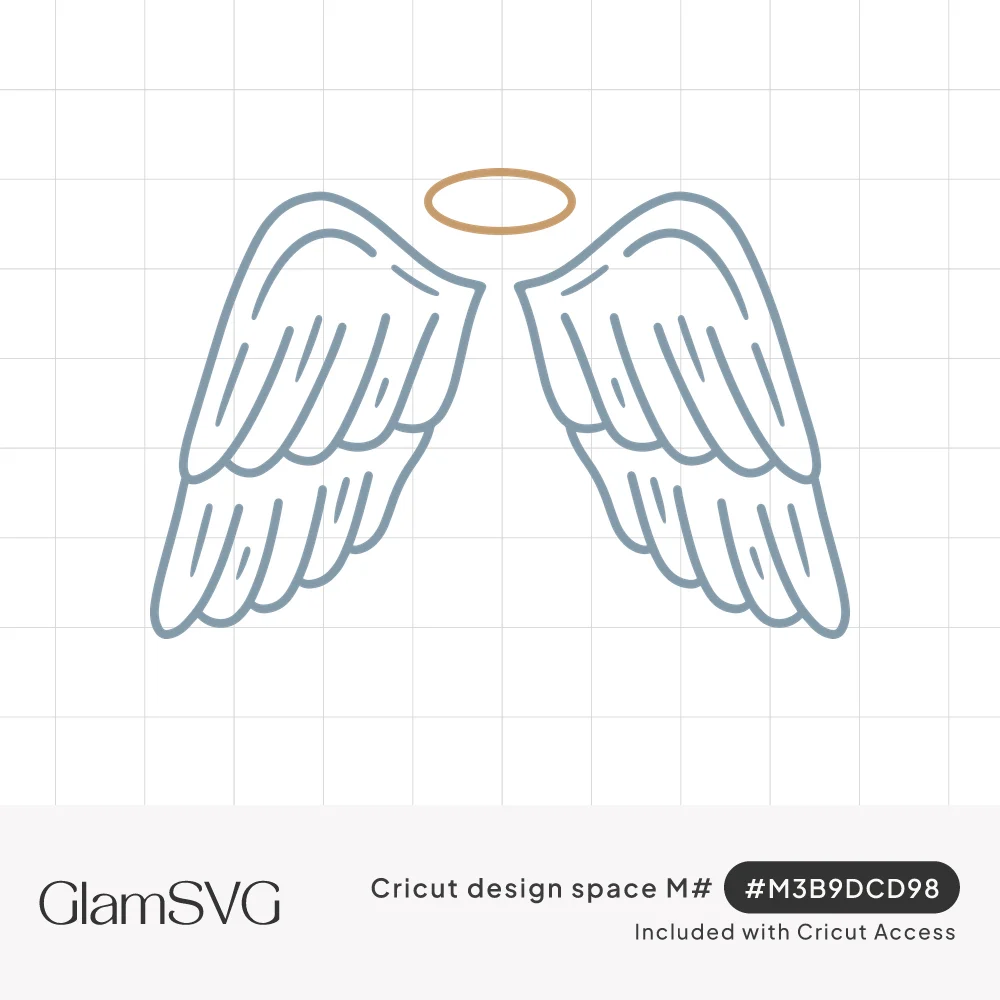 Line drawing of two feathered angel wings in blue-gray with a gold halo floating above them