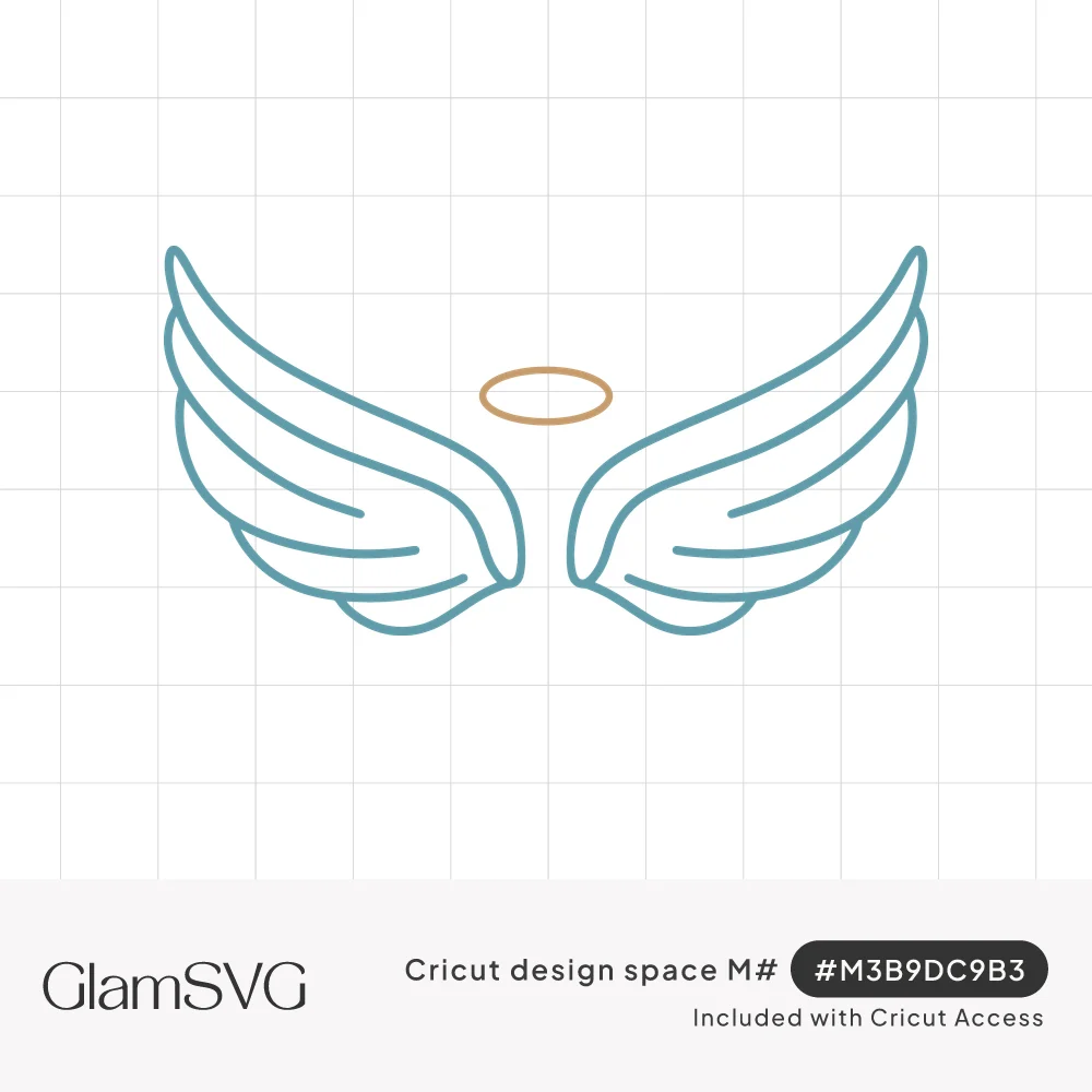 Teal line art angel wings spread open with a small gold halo floating between them