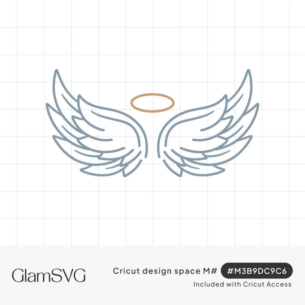 Outlined slate blue feathered angel wings spread open beneath a thin golden halo on a white background