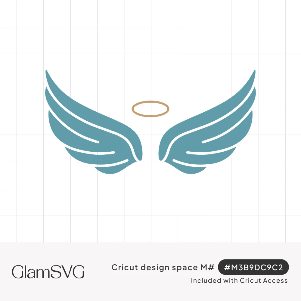 Pair of teal angel wings with white feather lines spread beneath a thin gold halo