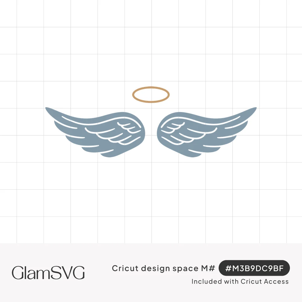 Pair of blue-gray feathered angel wings spread open beneath a thin gold halo on a white background