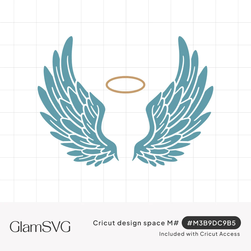 Two teal feathered angel wings spread apart with a thin gold halo floating between them