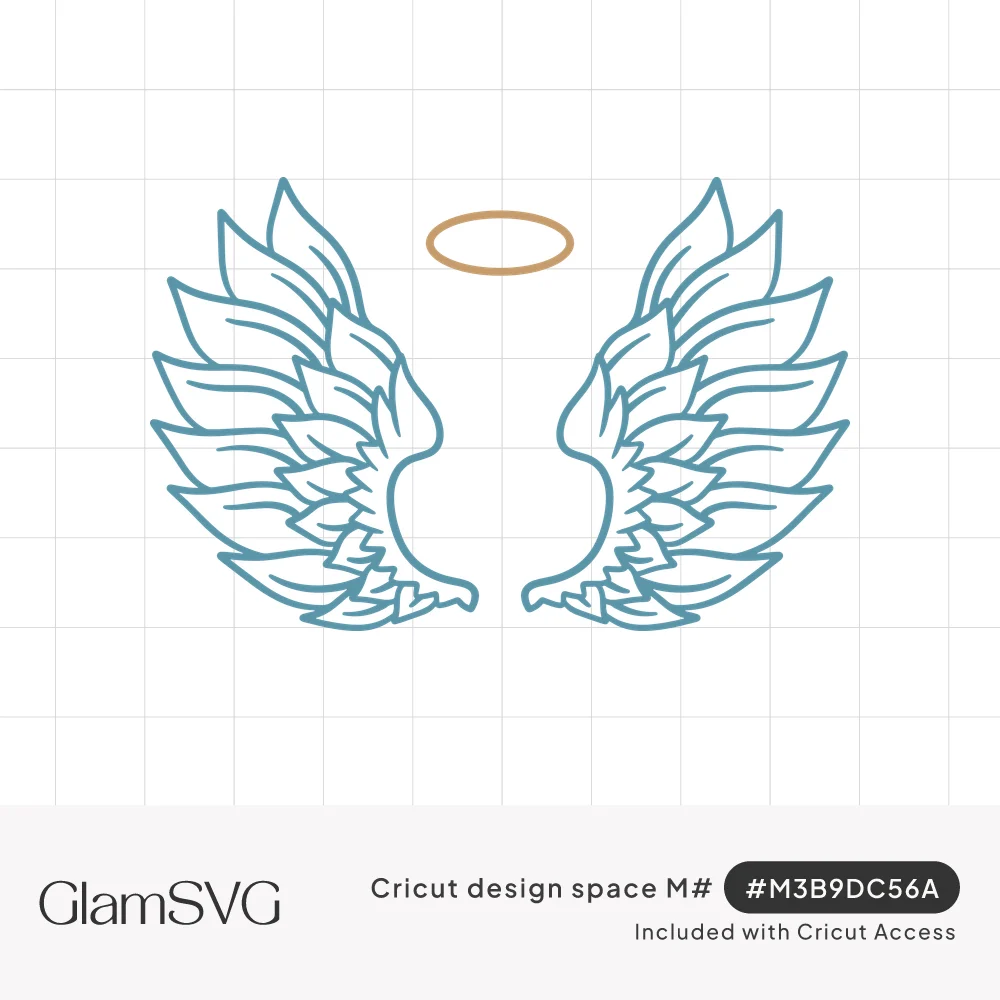 Teal outline drawing of two feathered angel wings spread apart with a gold halo floating above the center