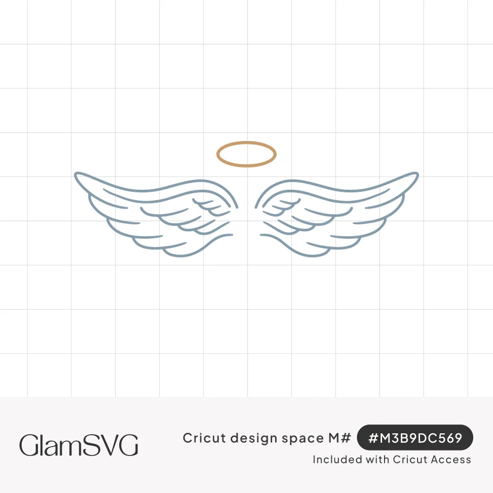 Line drawing of spread angel wings in slate blue with a thin gold halo floating above them