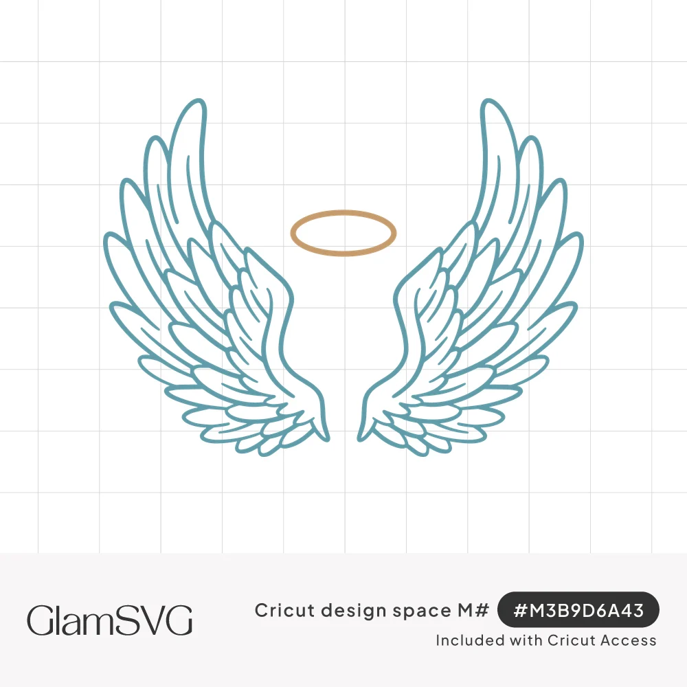 Pair of teal outlined angel wings spread open with a thin gold halo floating between them