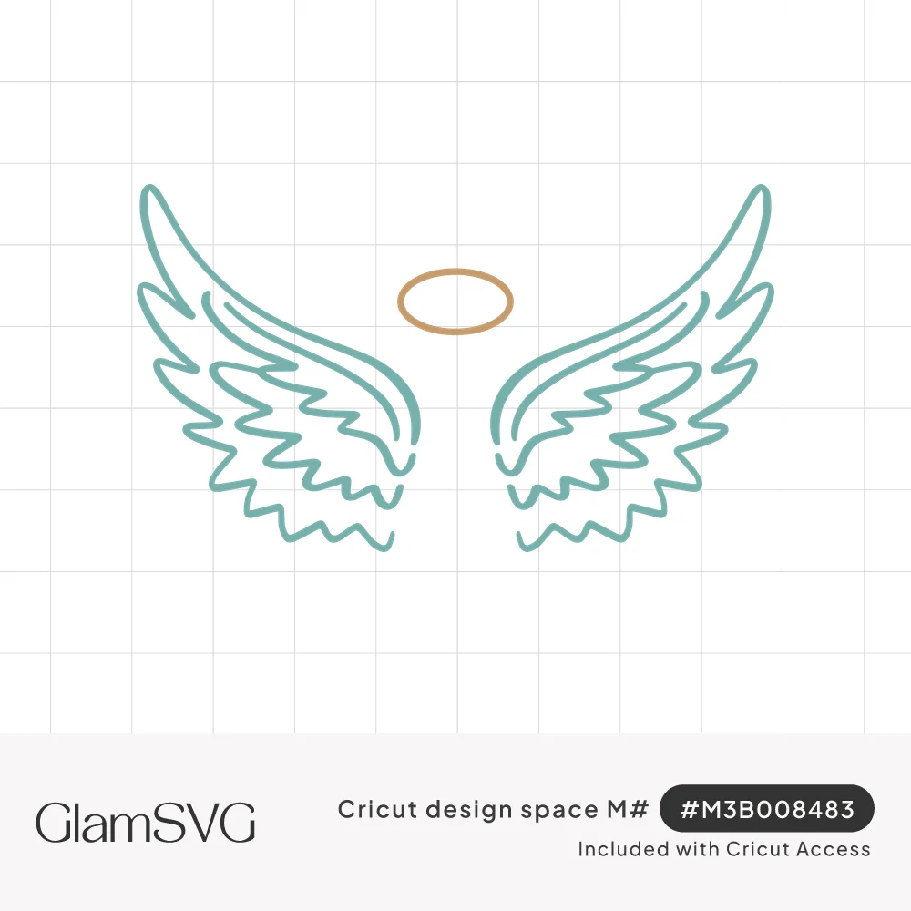 Teal outline drawing of two feathered angel wings spread open with a gold halo floating between them