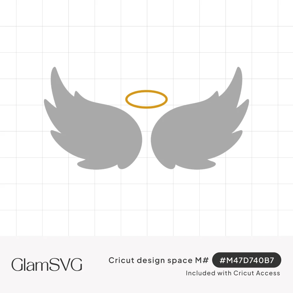 Two gray feathered angel wings spread outward on either side of a thin gold halo on a white background