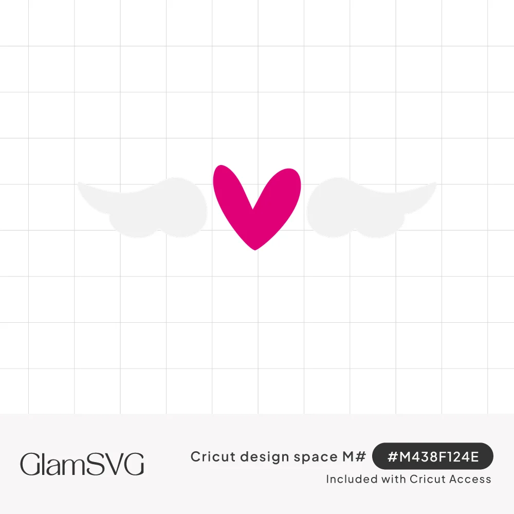 Hot pink heart centered between two soft white angel wings on a white background