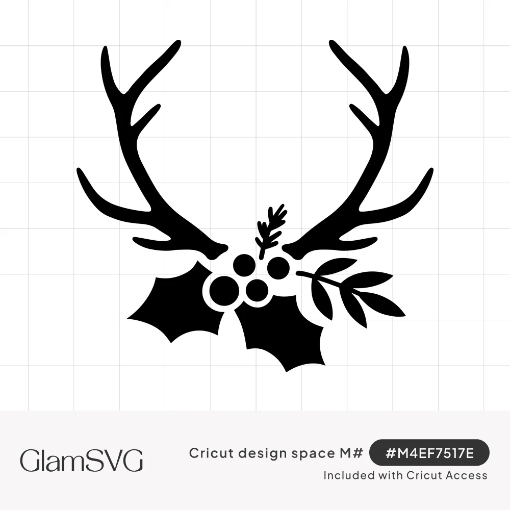 Black silhouette of deer antlers with holly leaves, berries, a pine sprig and a leafy branch at the base