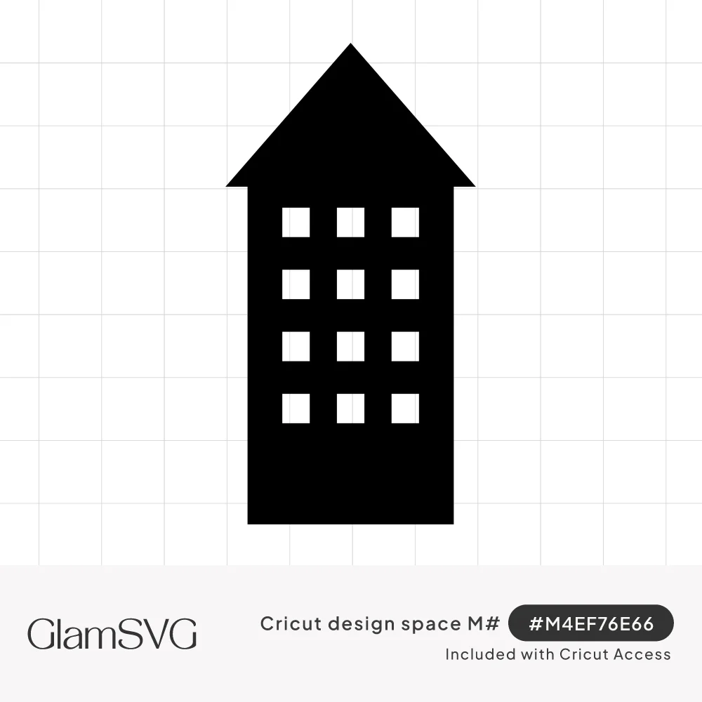 Black silhouette of a tall apartment building with a pointed roof and a grid of twelve white square windows