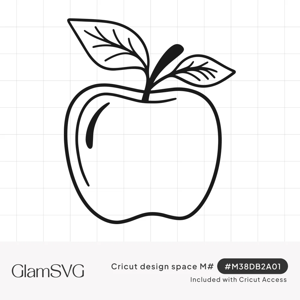 Black outline drawing of an apple with a curved stem, two veined leaves and a highlight stroke on its side