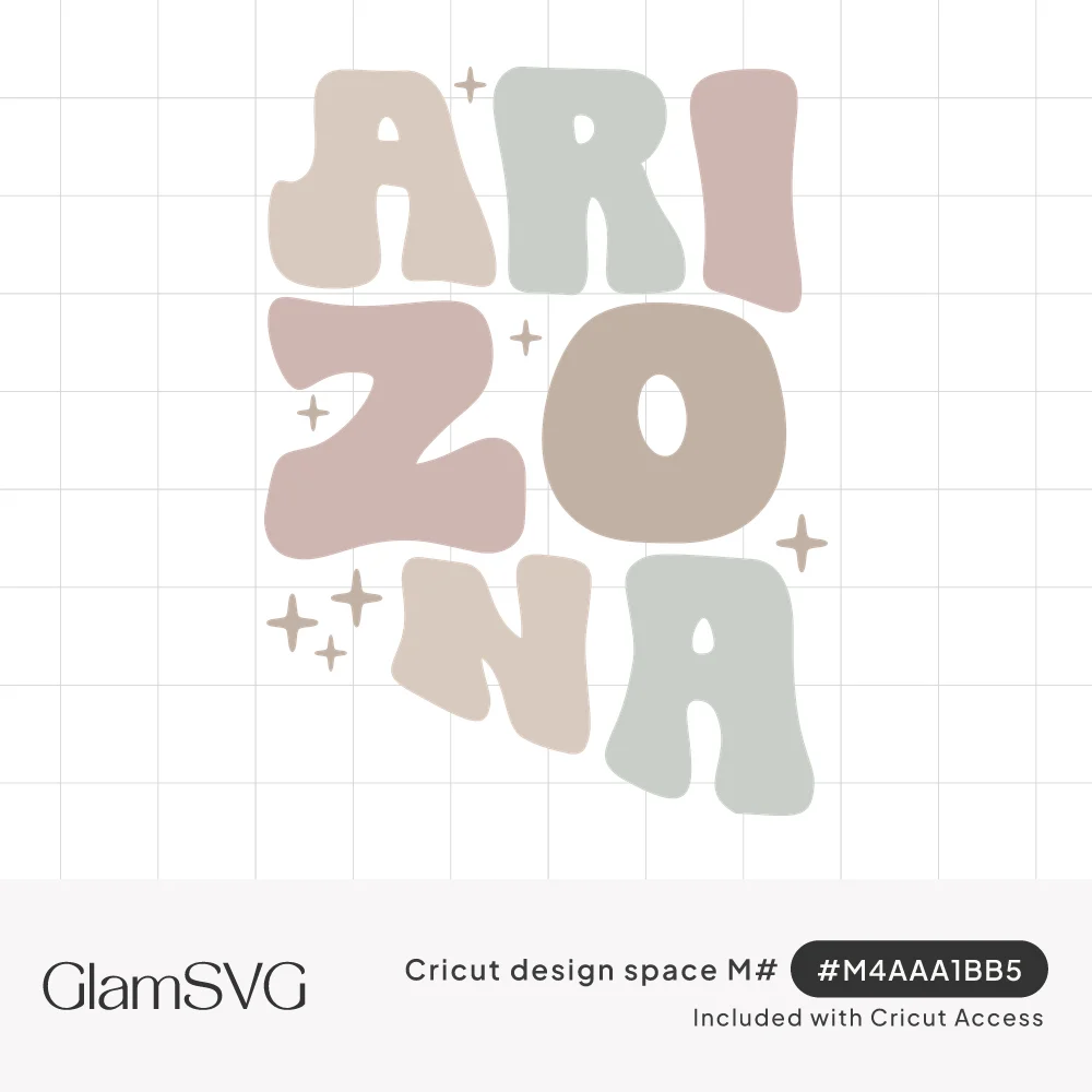 Stacked groovy bubble letters spelling Arizona in muted pink, sage, cream and taupe with small sparkle accents