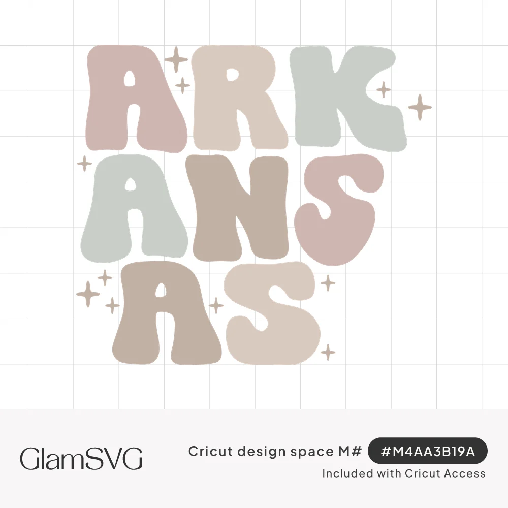 The word Arkansas in stacked groovy bubble letters in muted pastel colors with small sparkles around it