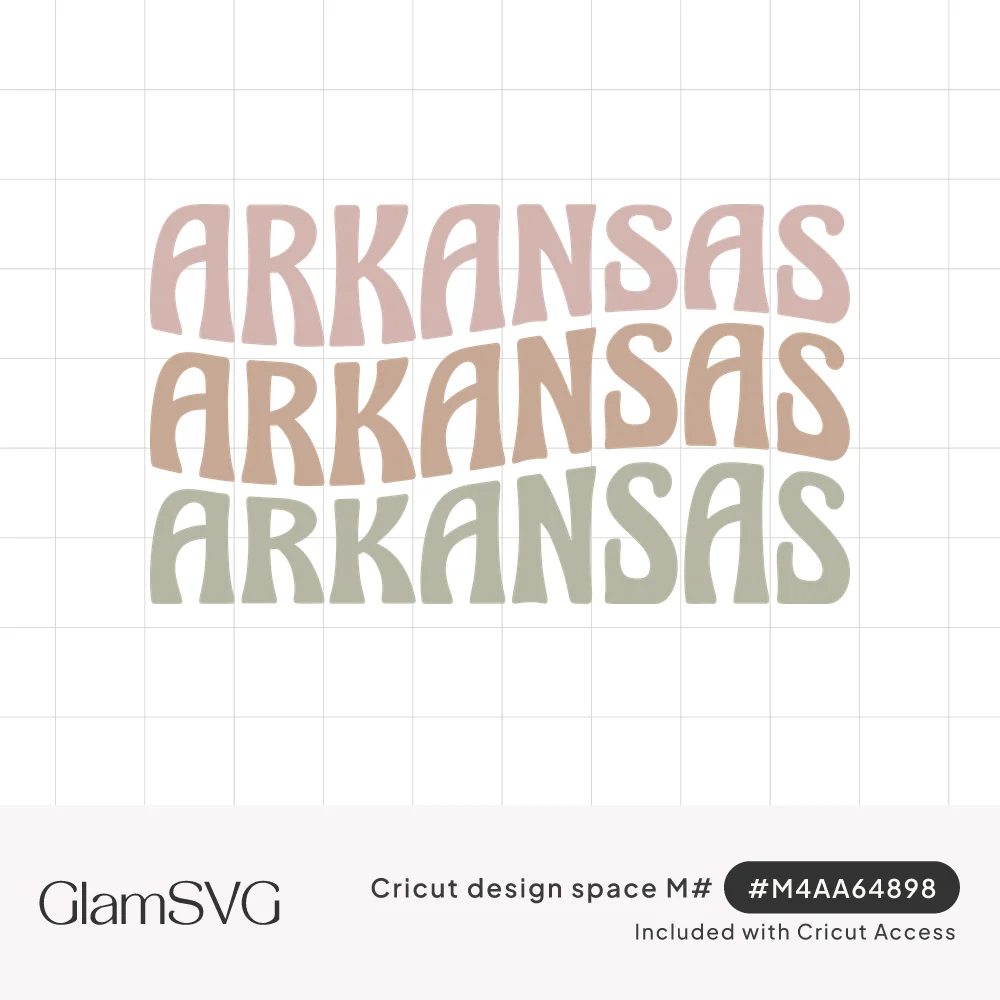 The word Arkansas repeated three times in wavy retro lettering in dusty pink, peach and sage green