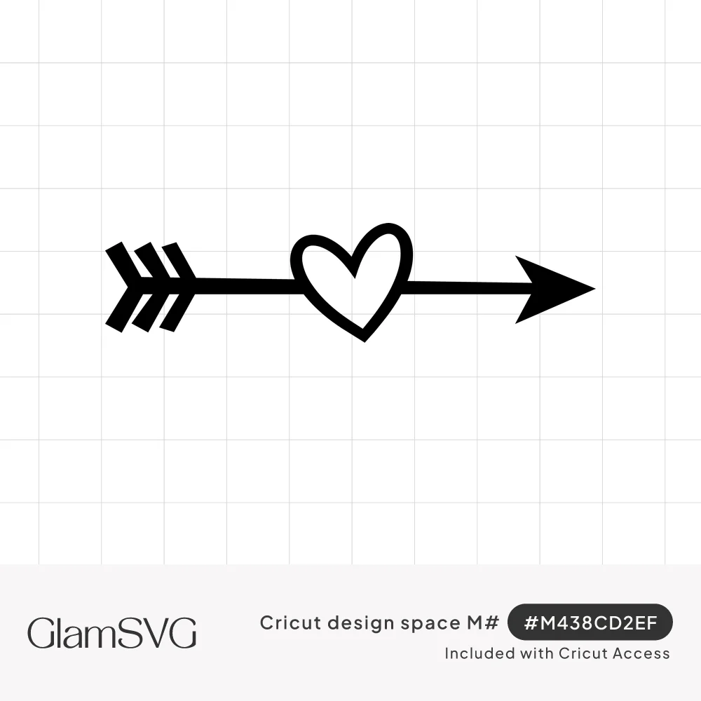 Black line drawing of a horizontal arrow with feathered fletching passing through the middle of an outlined heart