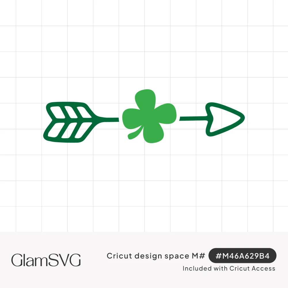 Dark green hand-drawn arrow with a feathered tail and open tip, with a bright green four-leaf clover at its center