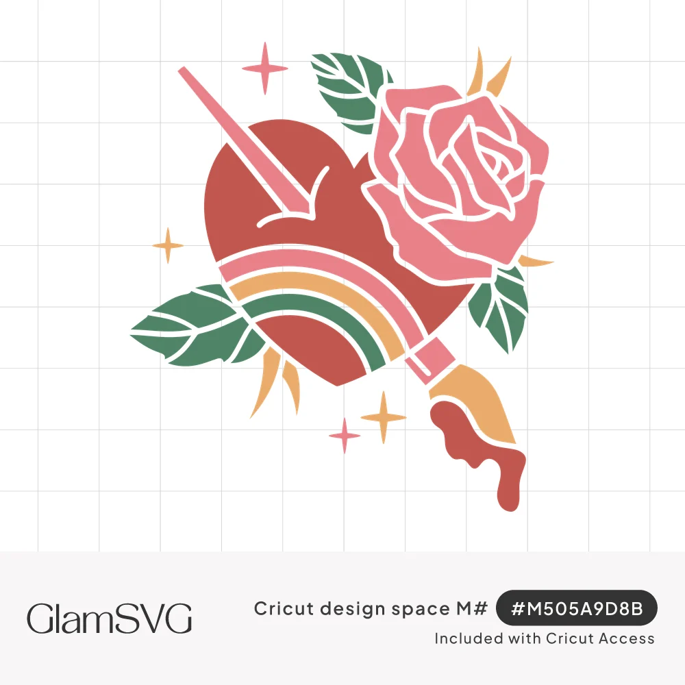 Red heart pierced by a paintbrush dripping paint, with a pink rose, green leaves, rainbow stripes and sparkles