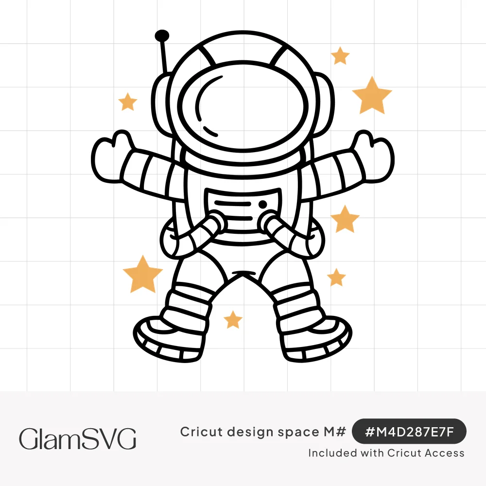Cartoon astronaut in a white spacesuit floating with arms outstretched, surrounded by orange stars