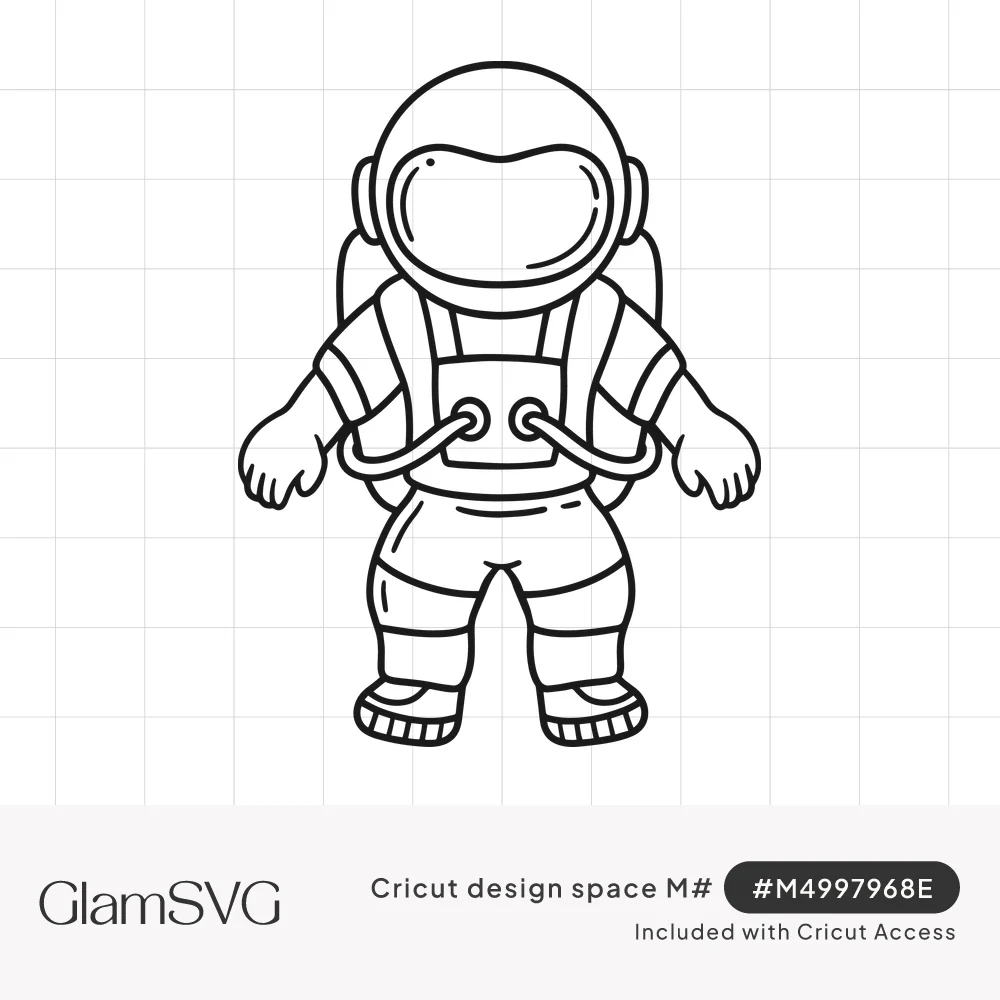 Black line drawing of a cute astronaut in a round helmet, puffy space suit, chest pack with hoses and chunky boots