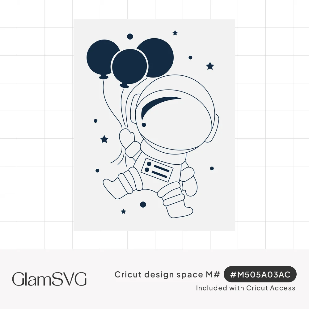 Outlined cartoon astronaut floating in space holding three navy balloons, surrounded by small stars and dots