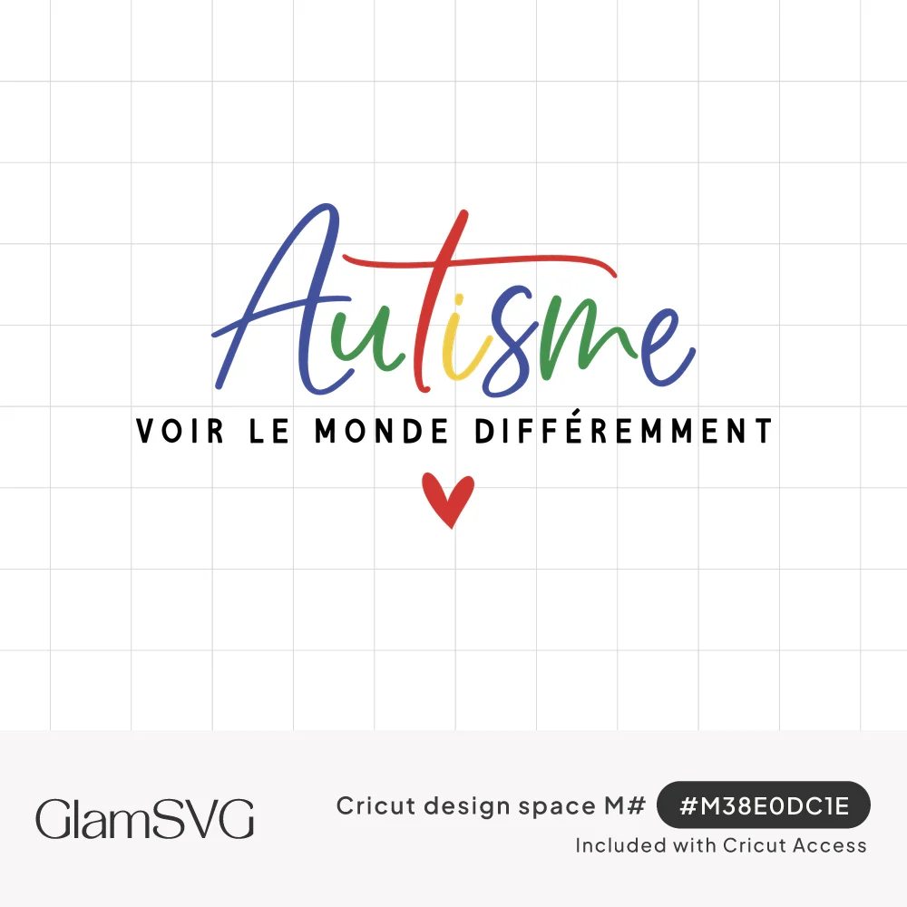 Multicolor script word Autisme above French text Voir le monde différemment and a small red heart