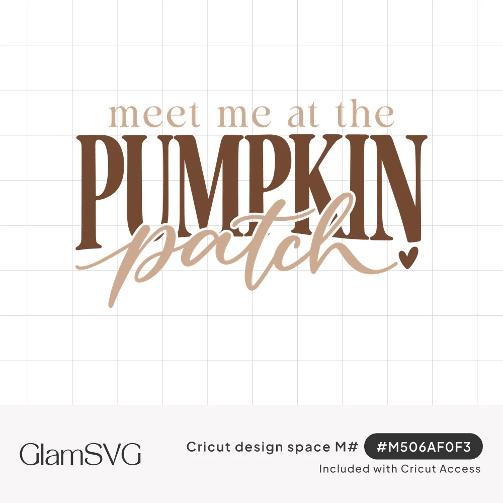 Lettered quote reading meet me at the pumpkin patch in brown serif and tan script with a small heart