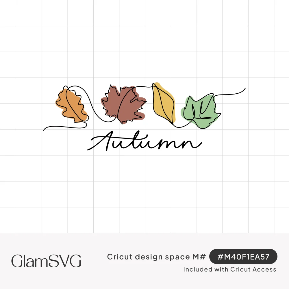 Oak, maple, yellow and green leaves drawn in one continuous line with soft color washes above script Autumn lettering