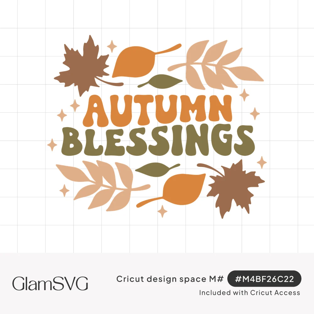 Retro bubble text reading Autumn Blessings in orange and olive, surrounded by fall leaves, fern sprigs and small sparkles