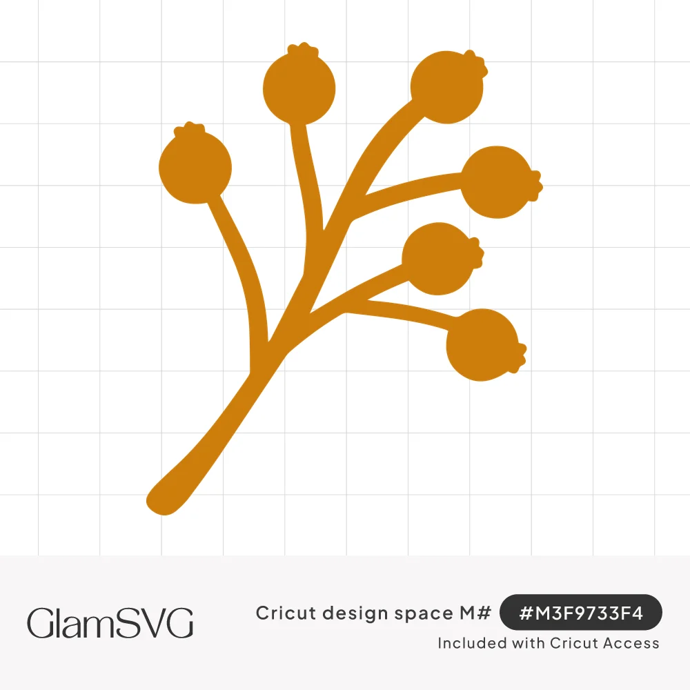 Solid mustard orange silhouette of a curved branch with six round berries on short stems