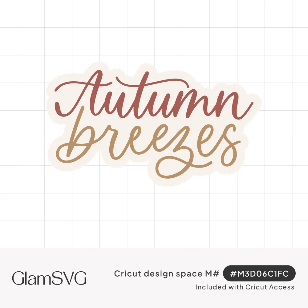 Hand lettered script reading Autumn Breezes in rust red and golden tan with a soft cream outline