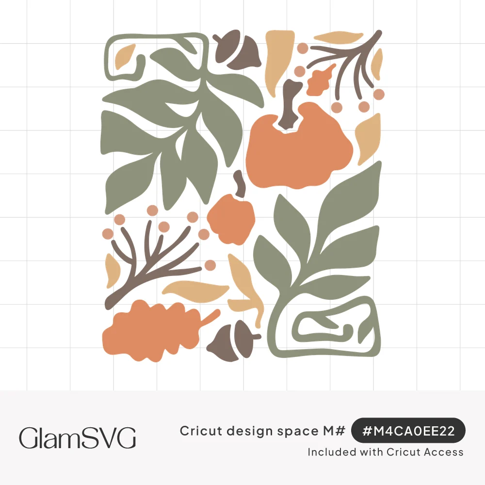 Fall collage of an orange pumpkin, acorns, oak leaf, berry sprigs and sage green leaves in muted autumn colors