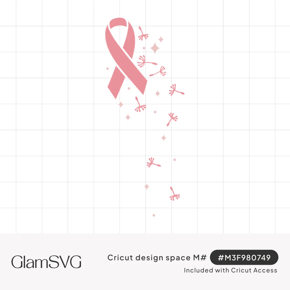 Pink awareness ribbon with dandelion seeds and small sparkles floating downward in a soft vertical trail
