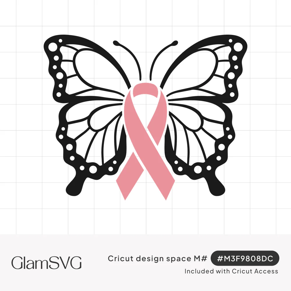 Black outlined butterfly with dotted wing edges and a pink awareness ribbon forming its body