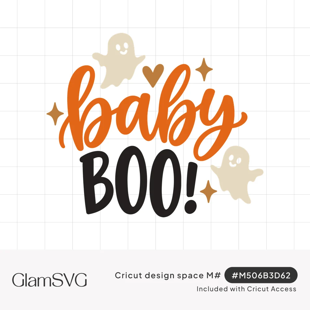Orange script "baby" and black "BOO!" lettering with two smiling cream ghosts, a small heart and sparkles