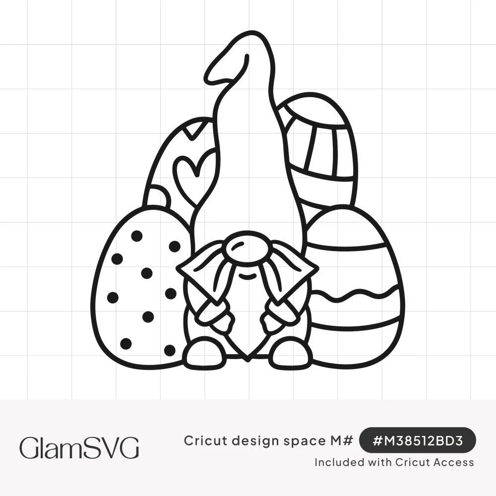 Outline drawing of a small gnome in a tall floppy hat surrounded by decorated Easter eggs with dots, stripes and a heart