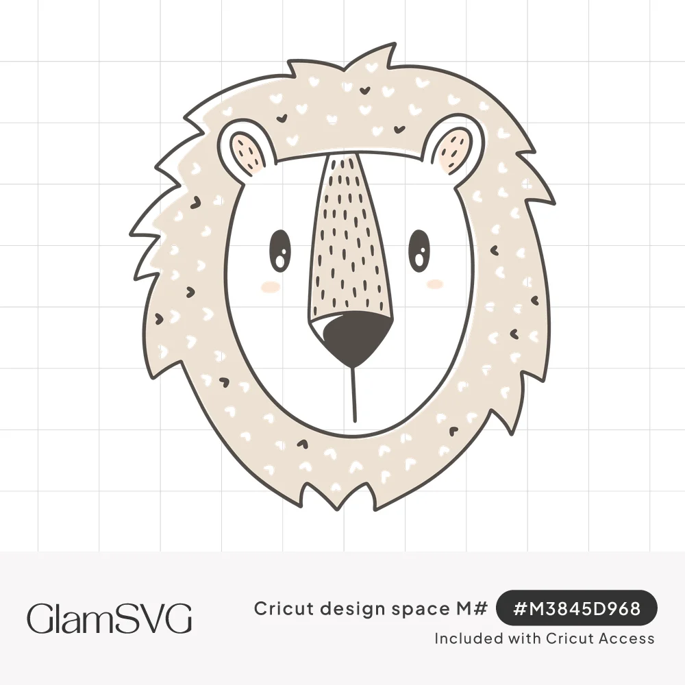 Cute cartoon lion face with a beige heart-speckled mane, pink ears, rosy cheeks, and a speckled muzzle with a black nose