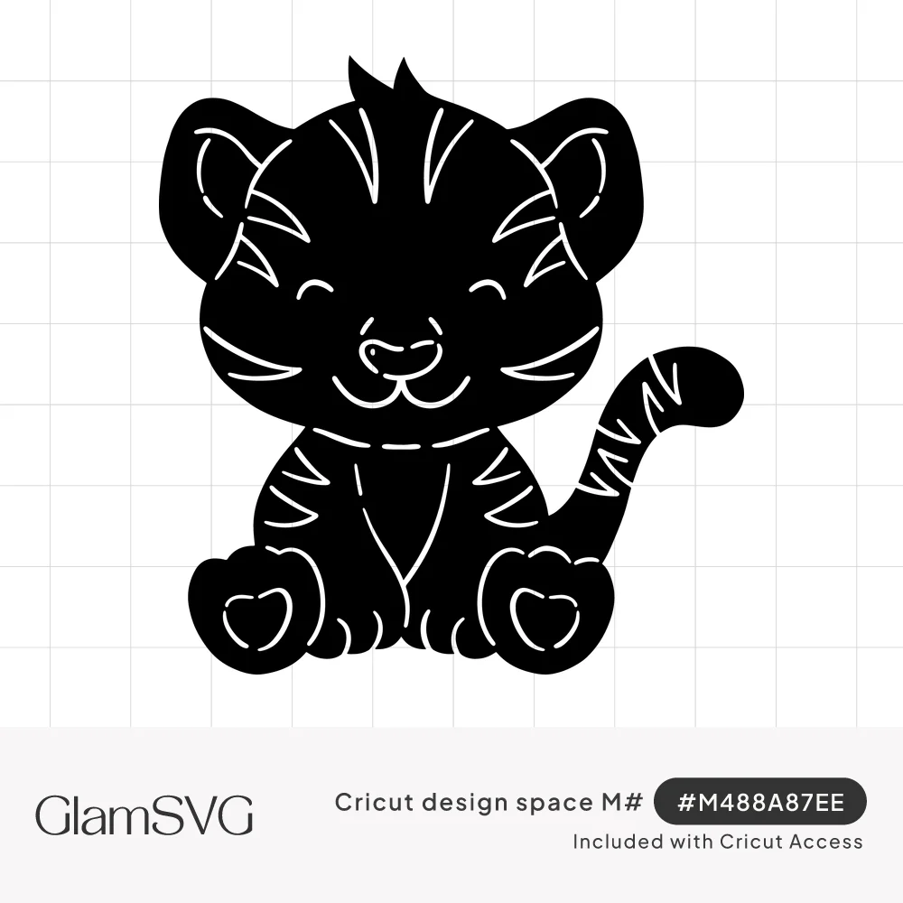 Black silhouette of a smiling sitting baby tiger cub with stripes, closed eyes, curled tail and heart-shaped paw pads