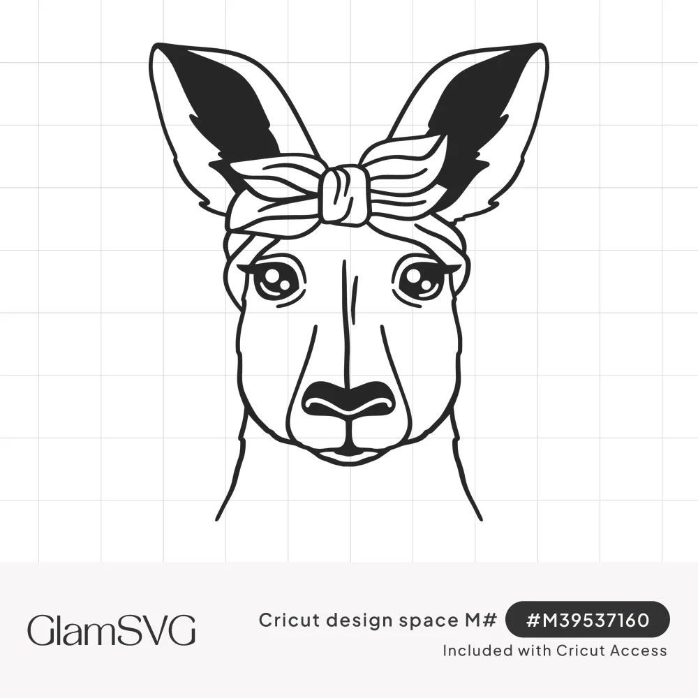 Black line art of a kangaroo face with tall ears, long eyelashes and a knotted bandana headband tied in a bow