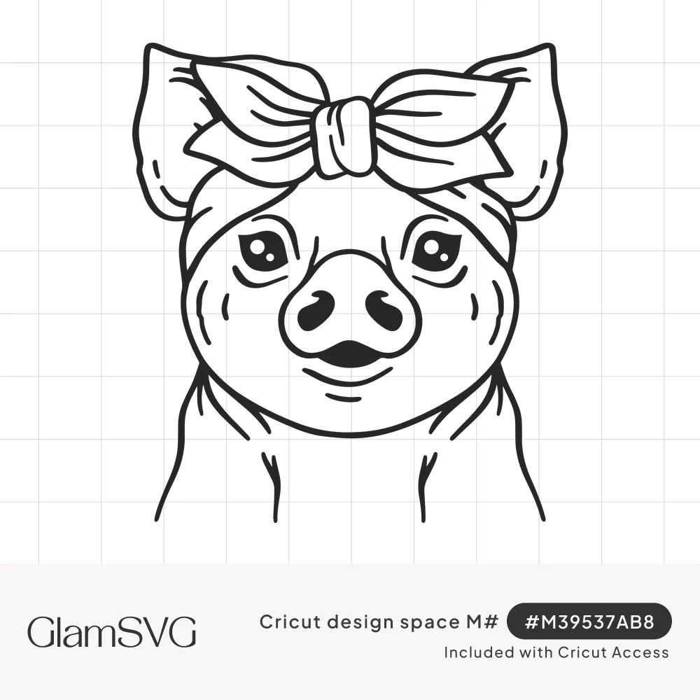 Black line art of a pig face wearing a knotted bandana headband with a bow between its ears