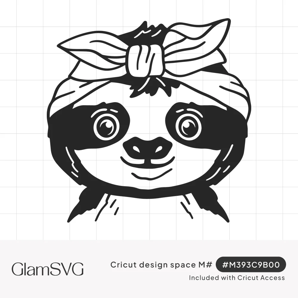 Black and white drawing of a smiling sloth face wearing a knotted bandana headband tied in a bow on top