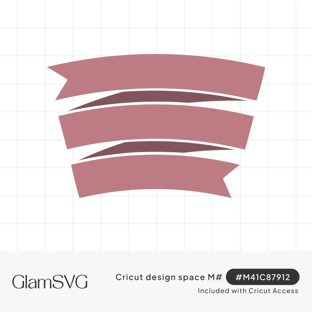 Three curved dusty rose ribbon banners stacked with folded darker sections and notched ends
