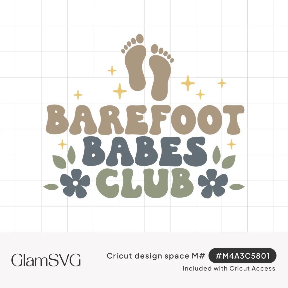 Retro bubble text Barefoot Babes Club in tan, blue and green with bare footprints, gold sparkles and flowers