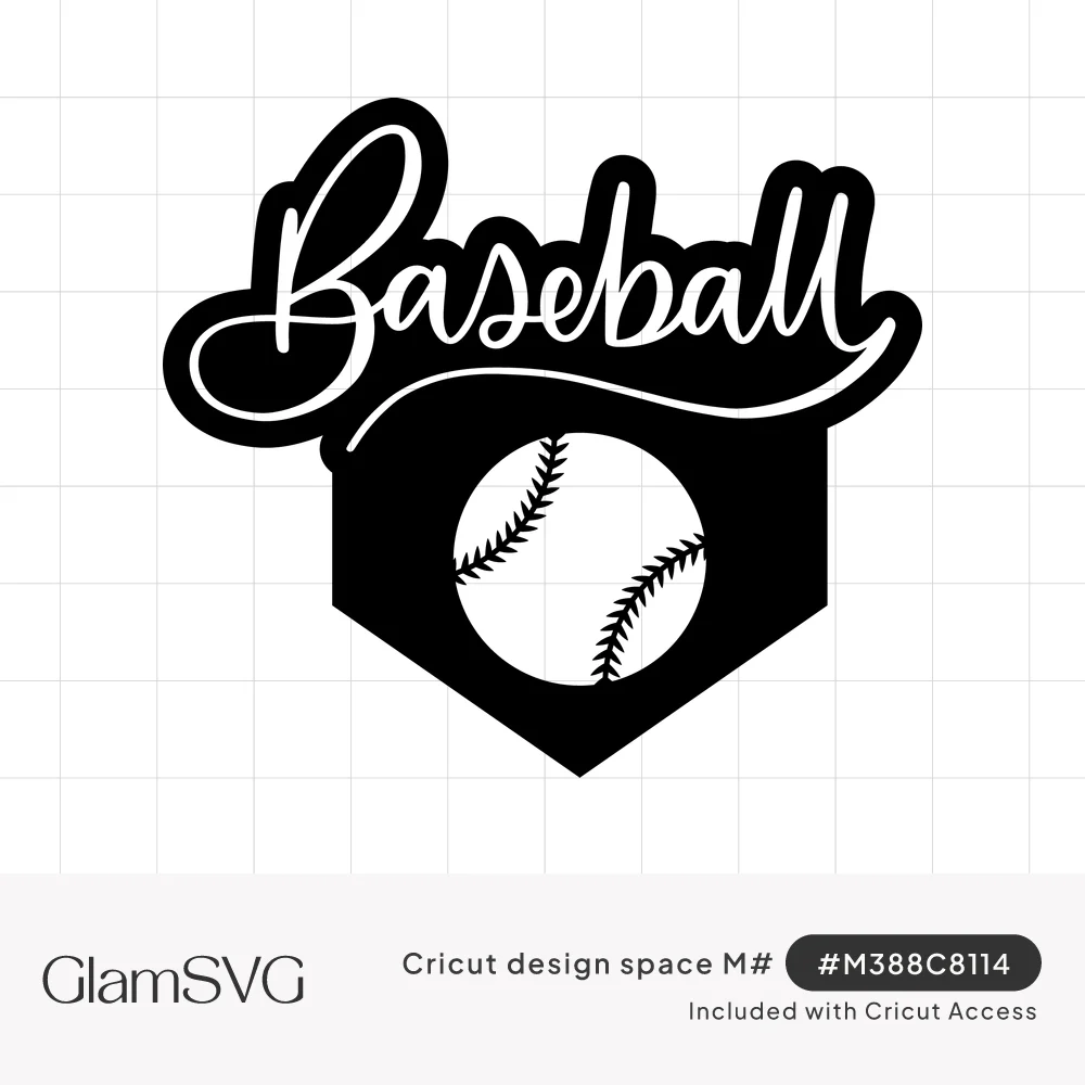 Black script word Baseball with a swash underline above a home plate shape holding a white stitched baseball